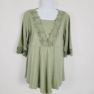NWT  Mindful Souls Sage Green Lace Trim Pointed Hem Top